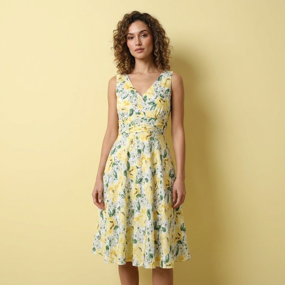 ROBBIE BEE Women Dress 14P Yellow Cotton Cottagecore Floral Fit Flare Sleeveless